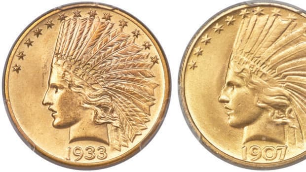 A pair of Indian Head $10 gold coins earned top-lot honors during Heritage’s Long Beach Expo U.S. Coin Auction. $408,000 was the price tag for a 1933 example graded MS-65 (left), while a 1907 Rolled Rim Variety graded MS-65 brought $240,000. (All images courtesy Heritage Auctions, HA.com.)