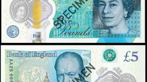 Britain’s new £5 note, first issued Tuesday Sept. 13. Images courtesy & © Bank of England.