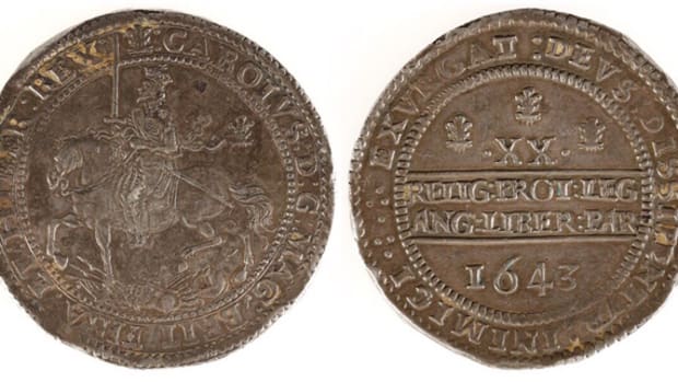 Obverse and reverse of the Charles I silver pound coin.