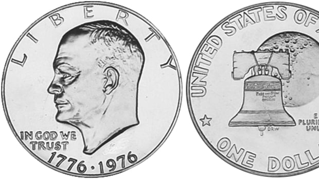 Eisenhower dollar Denomination: One dollar Weight: 22.8 grams (clad issues from 1971 to 1974), 24.59 grams (silver issues from 1971 to 1974, 1976), 22.68 grams (clad issues from 1976 to 1978) Diameter: 38 mm (clad issues from 1971 to 1974), 38.1 mm (clad issues from 1976 to 1978, all silver issues) Composition: Copper-Nickel Clad Copper, Silver (40 percent silver, 60 percent copper) Dates minted: 1971 to 1974, 1976 to 1978 Designer: Frank Gasparro, Dennis R. Williams (1976 reverse design)