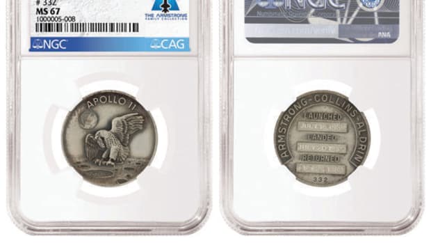 CAG-certified Apollo 11 Silver Robbins Medal #332, flown on the Apollo 11 Lunar Module. Graded NGC MS 67 and pedigreed to the Armstrong Family Collection. Images courtesy of NGC.