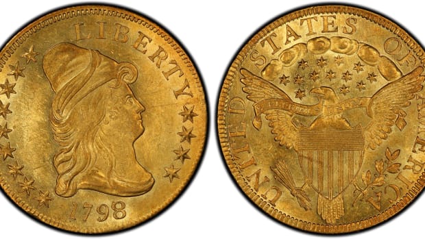 A 1798/97 gold eagle graded MS-62+ by Professional Coin Grading Service. (Images courtesy PCGS)