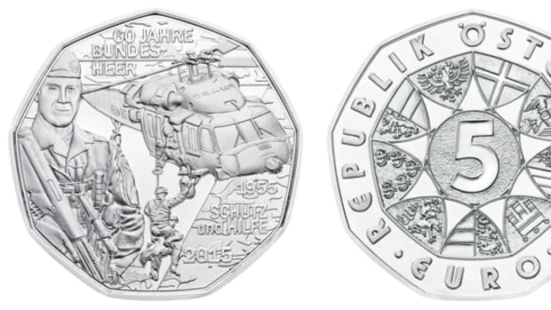 Obverse and reverse of the 2015 Austrian Federal Army commemorative 5 euro.