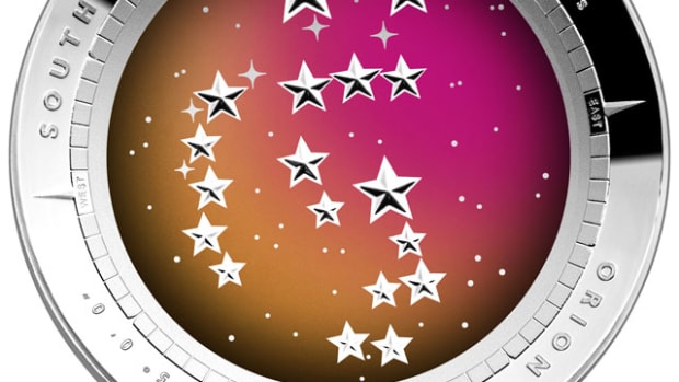 A cupped or dome-shaped coin from the Australian Mint will feature the constellation of Orion. The coin is a silver $5 proof. In Australia, Orion appears to be standing on his head.