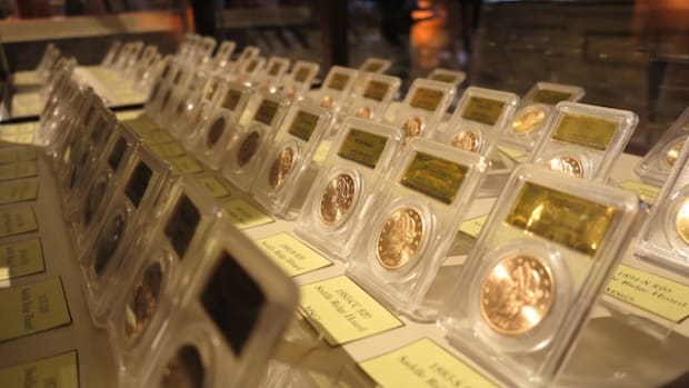 These 60 coins from the Saddle Ridge Hoard were displayed at an auction to benefit the second San Francisco Mint renovation project.