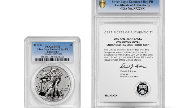 An artist’s rendition of the new PCGS dual encapsulation of a 2019 Reverse Proof American Silver Eagle and accompanying United States Mint Certificate of Authenticity. (Image credit: Professional Coin Grading Service www.PCGS.com.)