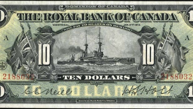 Face of Royal Bank of Canada’s $10 dated Jan. 2, 1913, P-S1379, showing the dreadnought battleship HMS Bellerophon. Image courtesy www.ha.com.