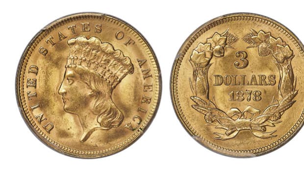 Shown here, an 1878 Three Dollar Doubled Die Reverse, graded MS-64 by PCGS.  (Image courtesy of Heritage Auctions)