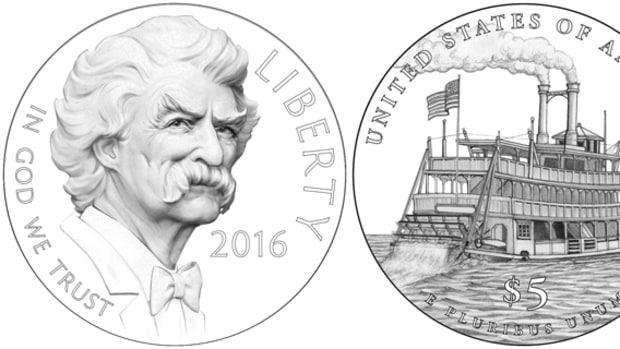 Obverse (left) and reverse (right) of the 2016 Mark Twain gold coin.