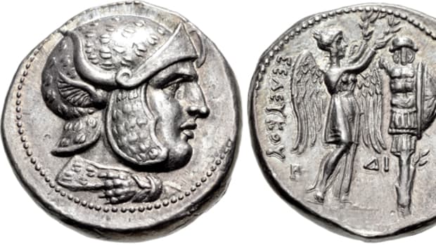 A highlight of the Triton XVIII sale is a silver tetradrachm, right, of Seleukos I Nikator of Syria, 312-281 B.C.E.. (26mm, 17.07 g, 2h). Susa mint. Struck circa 305/4-295 B.C.E. Head of hero facing right. On reverse Nike stands right, holding in both hands a wreath that she places on trophy. Estimate is $75,000.