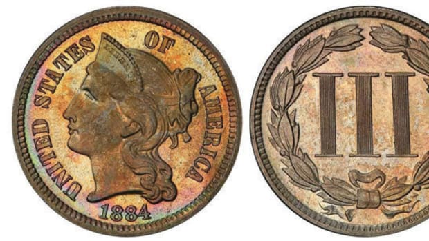 An 1884 3-cent nickel of the Seattle Collection brought a record-breaking $42,300. (All images courtesy Legend Rare Coin Auctions.)