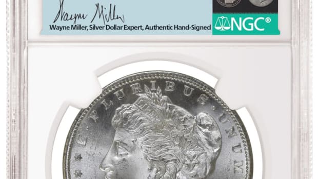 Example of hand-signed label by Silver dollar expert, Wayne Miller. Image courtesy of Numismatic Guaranty Corporation.