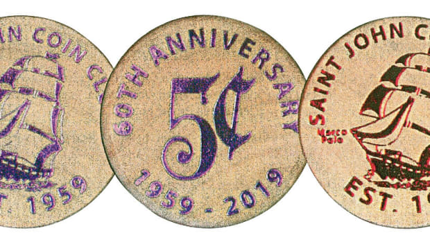 A wooden nickel commemorating 60th Anniversary of the Saint John Coin Club of New Brunswick, Canada, features an image of the Marco Polo sailing ship.