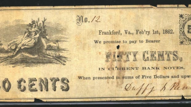 A Frankford, Va. (now W.Va.) - Duffy & Renick 50-cent Feb. 1, 1892 Jones UNL. (Image courtesy Heritage Auctions)