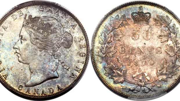 Lot 29581: A PCGS-graded MS-64+ 1870 Queen Victoria No LCW Canadian half dollar. Estimate: $40,000 - $50,000.