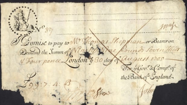 Running Bank of England cash note for 99 pounds seven shillings and four pence dated Aug. 30,1705. Image courtesy and © Spink London.
