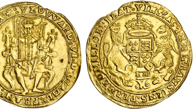 Rare second period Edward VI sovereign in superior gVF took  $58,680. The supporters for Edward’s coat of arms are a dragon from his grandfather Henry VII and a lion bequeathed by his father, Henry VIII.
