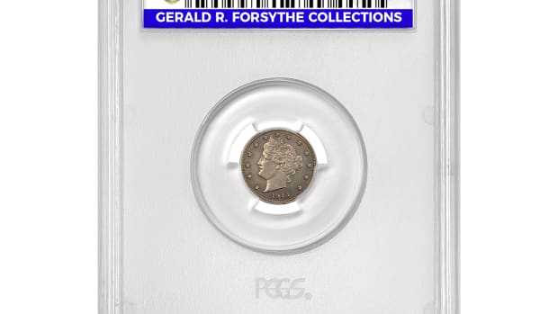 The finest known 1913 Liberty Head nickel is now in a PCGS Rarities holder with an exclusive, custom label for the Gerald R. Forsythe Collections. (Photo credit: PCGS.)