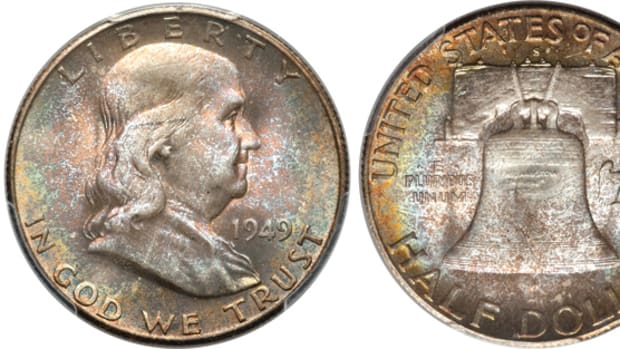 A 1949-S Franklin half dollar graded PCGS MS-67 with full bell lines. (Images courtesy Heritage Auctions)