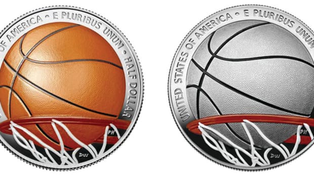 Aug. 28 marks a first for the U.S. Mint: the release of colorized coins. Available to collectors will be a 2020 colorized Basketball Hall of Fame silver dollar and a half dollar. (Images courtesy U.S. Mint.)