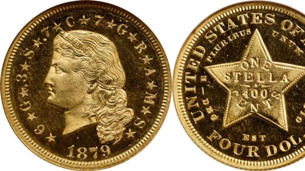 Classic 1879 Flowing Hair Four-Dollar Stella.  Image courtesy of Stack's Bowers.