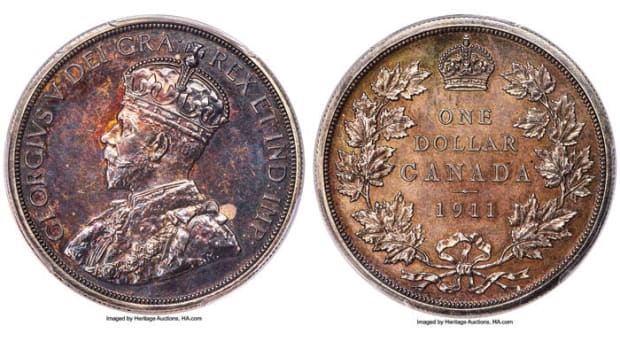 George Cook’s George V specimen pattern Canadian dollar of 1911, the sole example in private hands (KM-Pn15, DC-6). It sold for $552,000 in SP64 PCGS in Heritage Auctions’ Platinum Night sale at this year’s ANA World Fair of Money. Images courtesy and © www.ha.com.