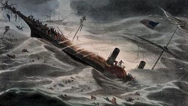 Artist J. Childs depiction of the sinking of the SS Central America (National Maritime Museum, London)
