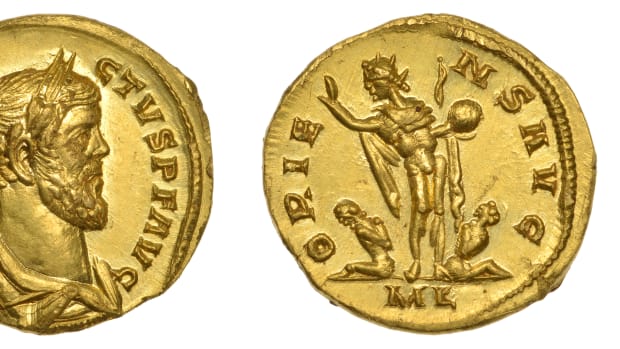 The rare gold aureus of Allectus, Emperor of Britain CE 293-296, that sold for $701,648 in DNW’s June sale, a record price for any Roman coin struck in Britain. (Images courtesy and © Dix Noonan Webb)