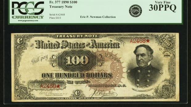 Appearing for the first time at auction will be this $100 Watermelon Note from the Eric P. Newman Collection.