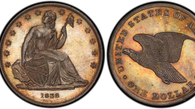 An 1838 Gobrecht dollar pattern that is part of the Simpson collection.