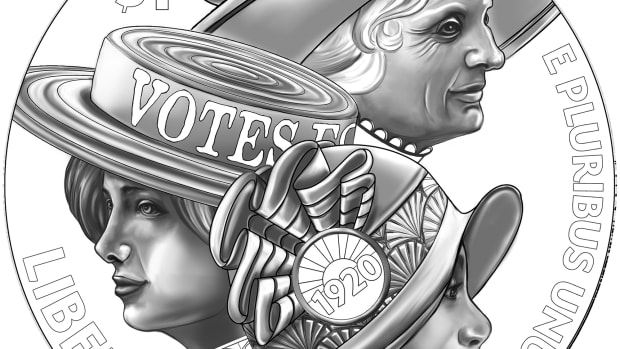Line art for the obverse of the new silver dollar commemorating the centennial of women's suffrage. (All images courtesy U.S. Mint)