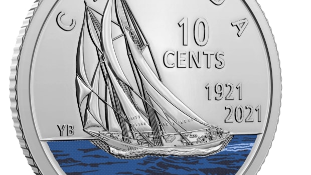 2021 10-cent Circulation coin with colour - 100th Ann of the Bluenose Reverse FQ