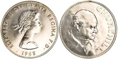  Shown is the 1965 Churchill commemorative crown featuring Queen Elizabeth II on the obverse and Winston Churchill on the reverse. (Image courtesy of PCGS)