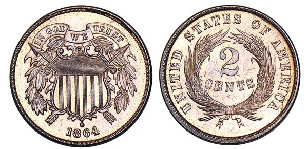 Regular issue 1864 two cents with large motto. (Images courtesy of Stacks-Bowers)