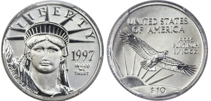 A 1997 tenth-ounce platinum Eagle.  (Image courtesy of Heritage Auctions www.ha.com)