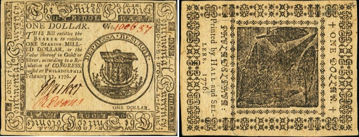 A $1 note dated Feb. 17, 1776. (Image courtesy of Heritage Auctions www.ha.com)