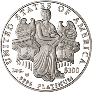 The 2006 reverse design shows Liberty seated, writing between two columns. (Image courtesy of Numismaster.com)