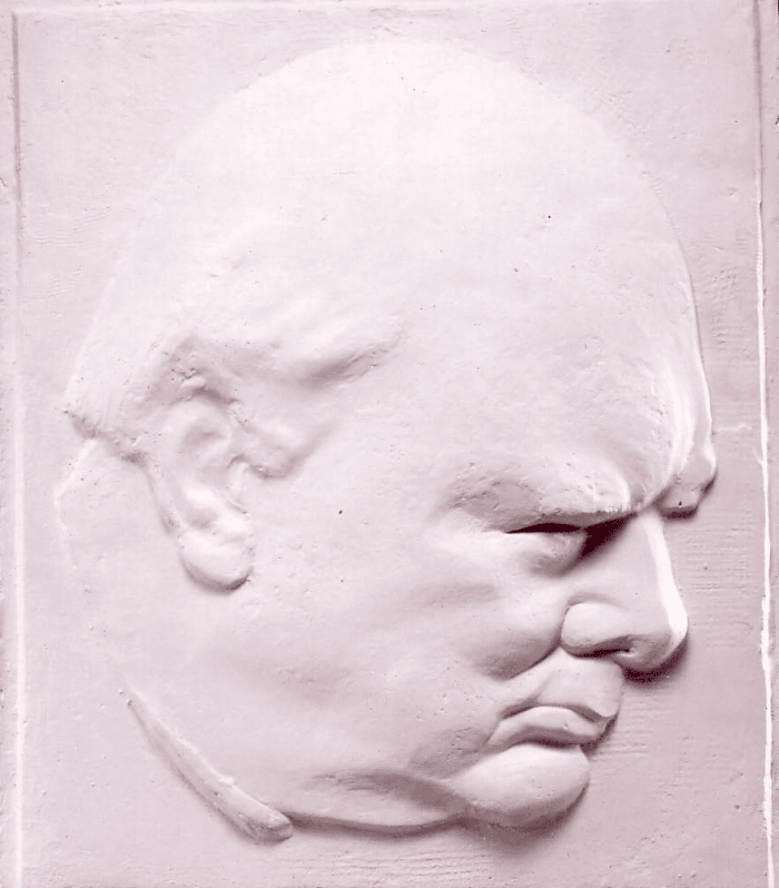 Oscar Nemon’s daughter, Aurelia Young, has graciously provided this photo of Nemon’s profile of Churchill in relief, which she believes her father may have used for the crown.