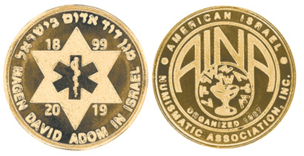  The Magen David Adom appears on this year’s AINA membership medal. They are brilliant uncirculated brass, 30mm, produced by The Highland Mint.