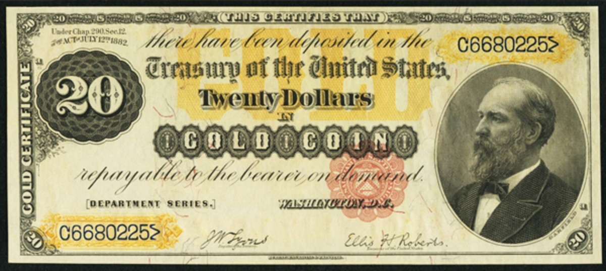  An 1882 $20 Gold Certificate, Fr. 1178, is graded PMG Superb Gem Unc 67EPQ.