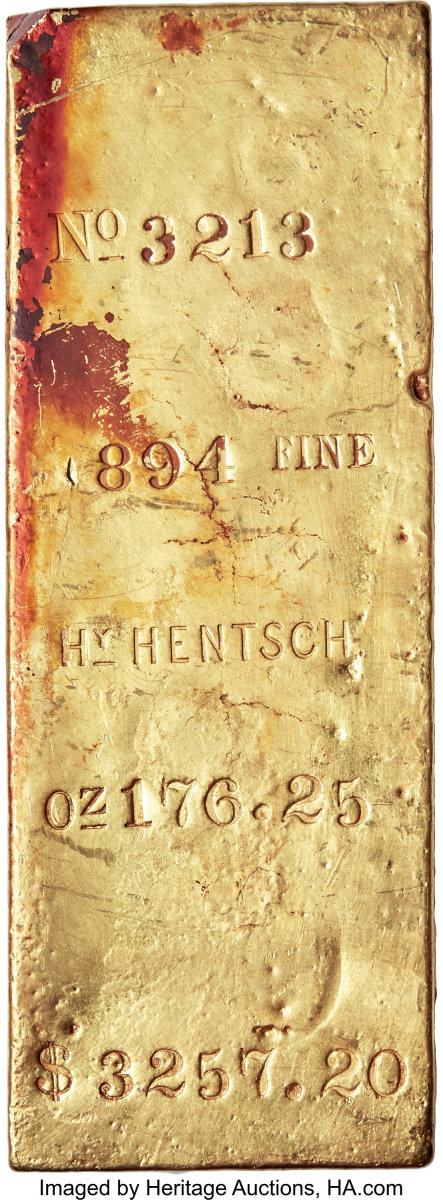 A very large size gold ingot, weighing in at 176.25 from assayer Henry Hentsch, sold for $324,000.