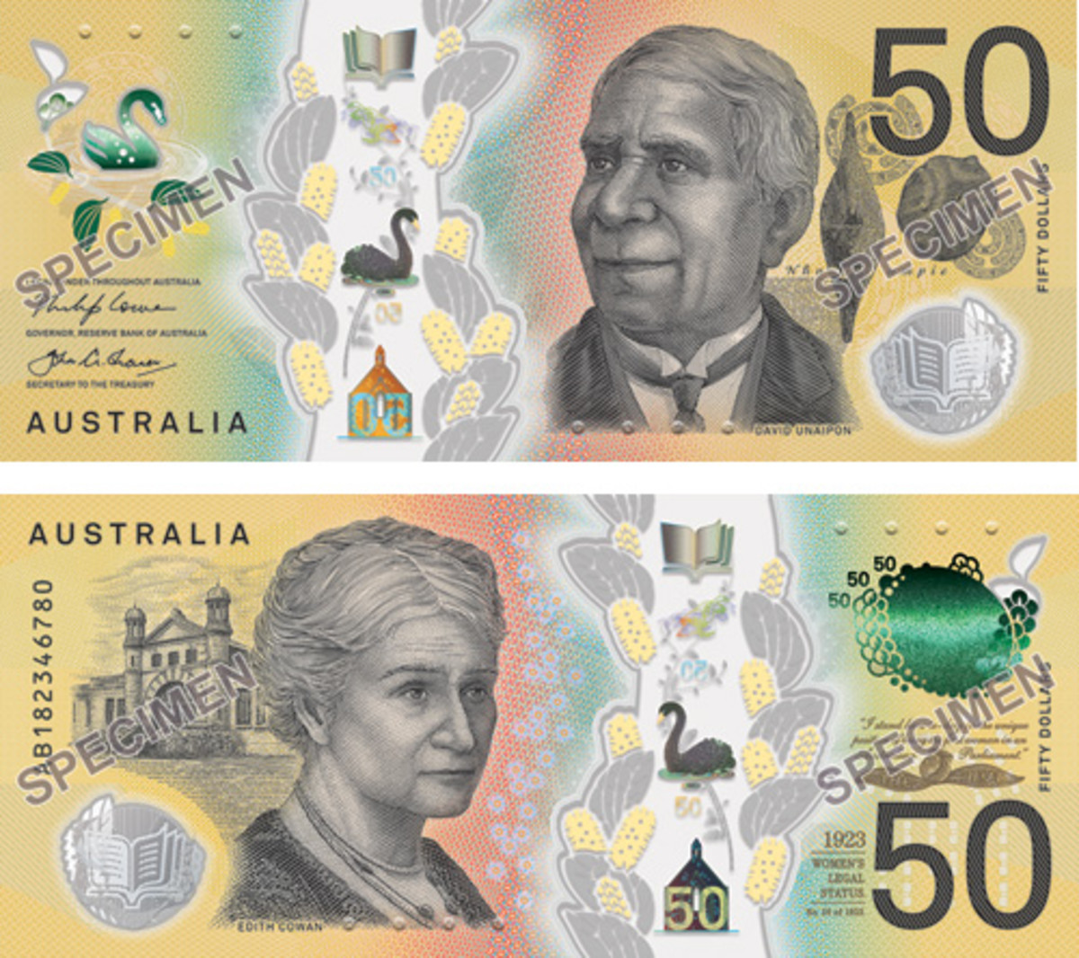  Face and back of Australia’s new $50 bank note that was to be placed into circulation on Oct. 18. (Images courtesy Reserve Bank of Australia)