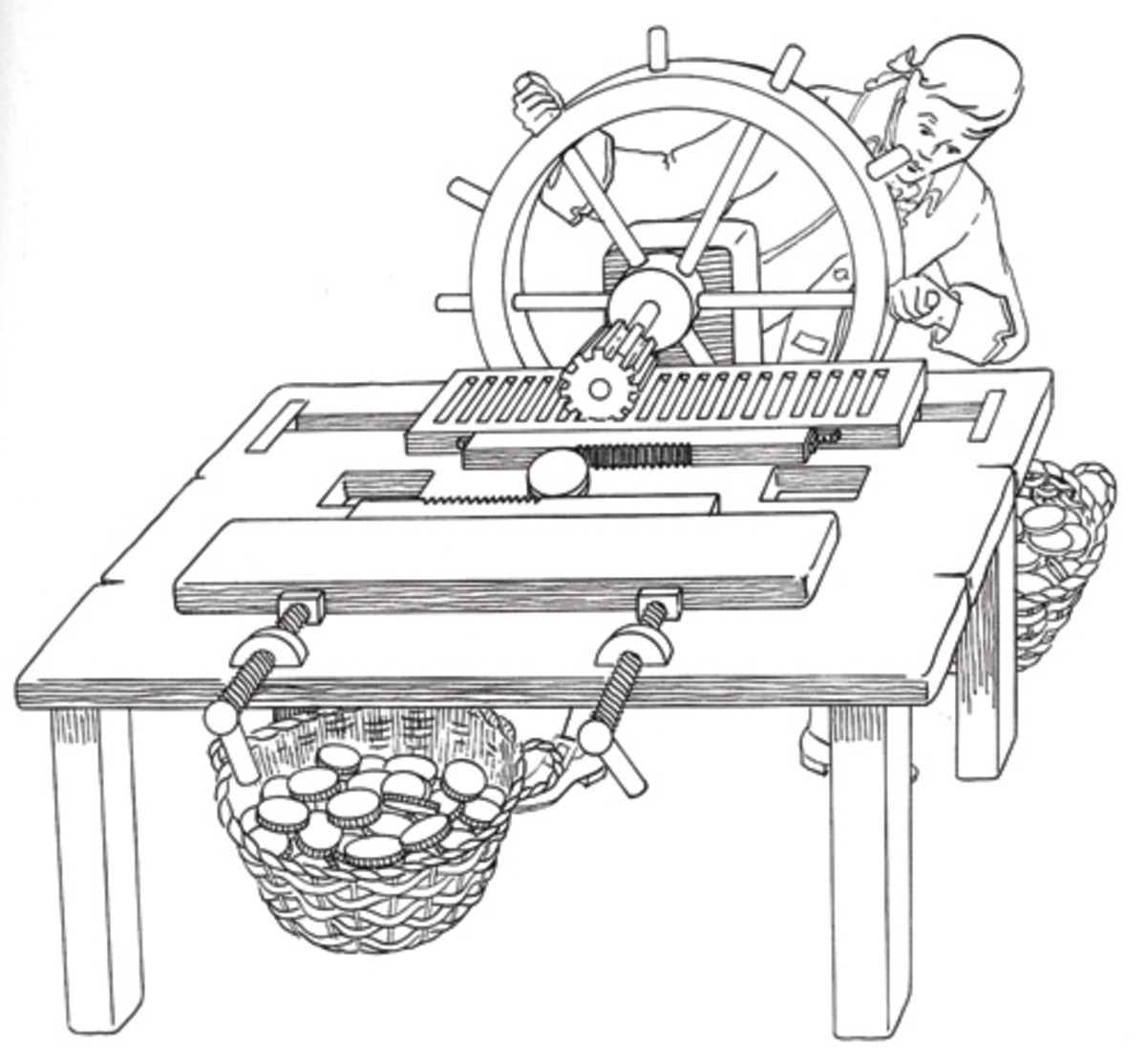  Operation of the upsetting mill showing a blank being pressed between two edge dies. This is the job William Ward performed on all or nearly all of the blanks used in 1793. Image from Don Taxay, “The U.S. Mint and Coinage,” ARCO Publishing, NY, 1966. Adapted from “An Essay on Coining” by Samuel Thompson, 1783.