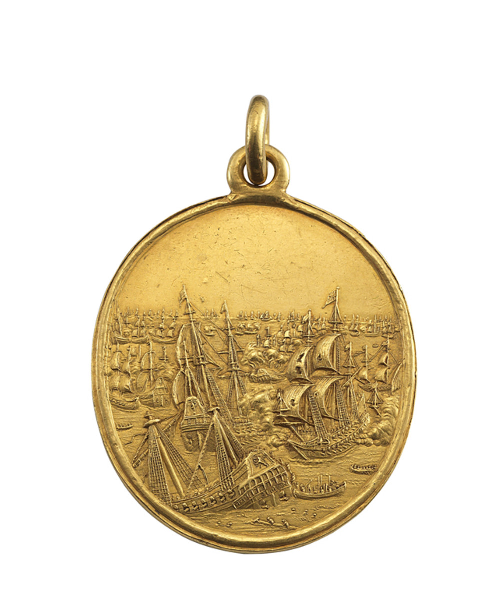The excessively rare and desirable Naval Reward for Captains gold medal of 1653 by Thomas Simon, a.k.a.  Blake Medal, will be offered at auction by Woolley & Wallis on Oct. 16. Images courtesy Woolley & Wallis.