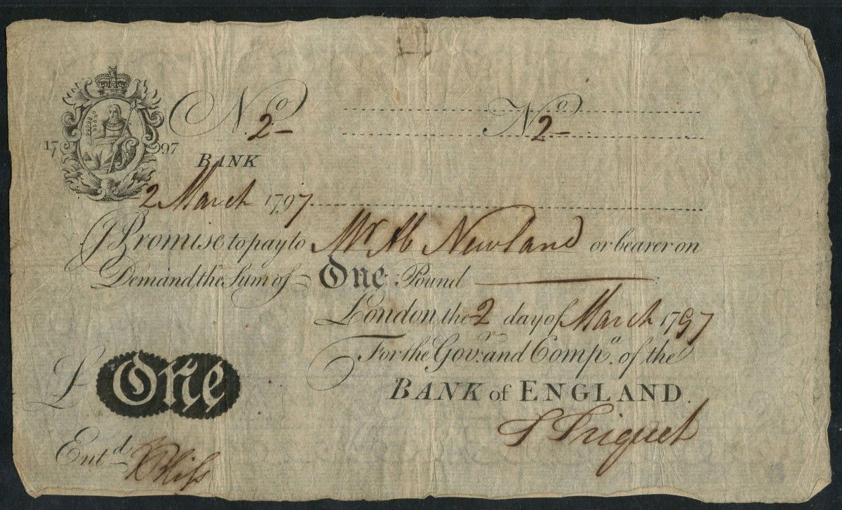 Supreme collectable: Bank of England £1 #2 of 2 March 1797 signed by Abraham Newland (P-170; EPM B200a).  In a remarkable PMG-20 Very Fine it will be offered by Spink at their London sale on Oct.10 with an estimate of £50,000-60,000. Image courtesy of Spink, UK.