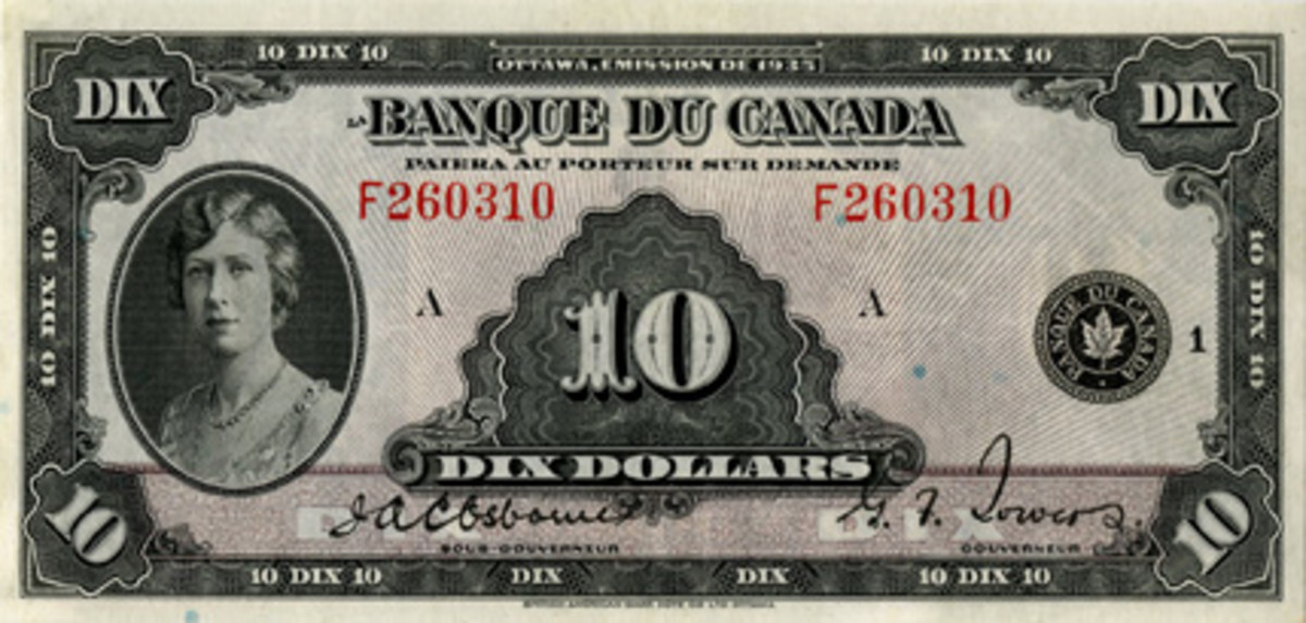  French text Canadian 1935 $10 (P-45; BC-8) comes graded EF. That’s Princess Mary at left.