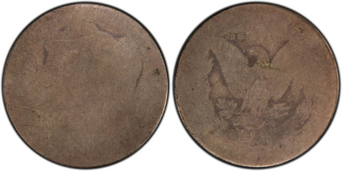 Obverse (left) and reverse (right) of the 1878 8 tail feather PO-1 Morgan dollar