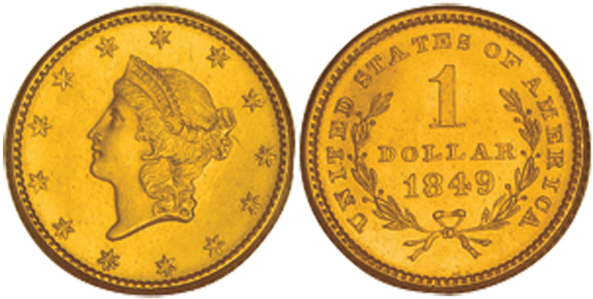 A 1849 type one Liberty Head gold dollar coin.