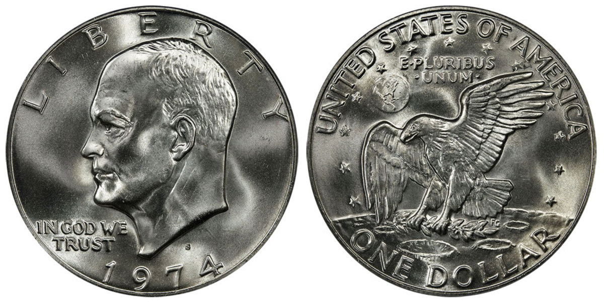 A 1974 clad-composition Eisenhower (Ike) dollar. (Images courtesy usacoinbook.com.)