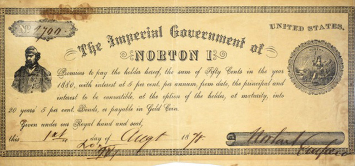 Kagin’s Auctions pre-sale estimate values this 50-cent note of Emperor Norton I at $15,000-$25,000.
